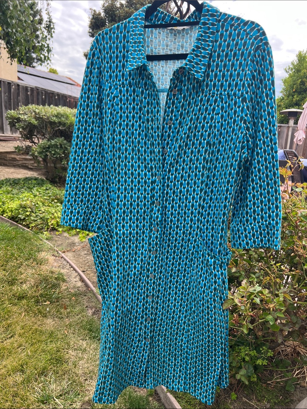 Boden Blue Teal Geometric Button-Front Long Sleeve Dress